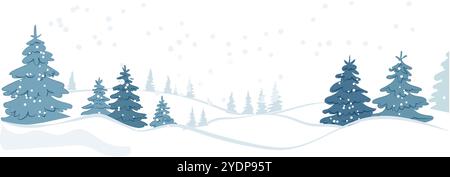 Eine ruhige Winterlandschaft mit schneebedeckten Bäumen und sanften Hügeln in kühlen Farben. Vektorabbildung Stock Vektor
