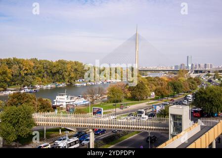 ADA Ciganlija mit der Ada-Brücke, einer Seilbrücke über die Save am 24. Oktober 2024 in Belgrad, Serbien Stockfoto