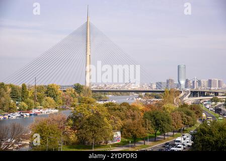 ADA Ciganlija mit der Ada-Brücke, einer Seilbrücke über die Save am 24. Oktober 2024 in Belgrad, Serbien Stockfoto