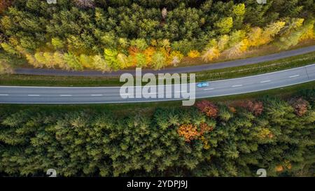 Augsburg Land, Bayern, Deutschland - 27. Oktober 2024: Straße aus der Luft genommen, Allee mit bunten Bäumen auf einer Landstraße im Herbstlaub Laubbäume im Herbst. Luftaufnahme einer Drohne oder Luftaufnahme. *** Straße aus der Luft aufgenommen, Allee mit bunten Bäumen auf einer Landstraße im herbstlichen Laub der Laubbäume im Herbst. Luftbild einer Drohne, bzw. Luftaufnahme. Stockfoto