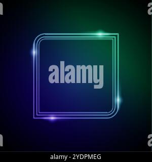 Neonrahmen mit Glimmern und Sparkles. Elektronischer leuchtender quadratischer Rahmen in blauen und grünen Farben, für Unterhaltungs- oder Werbebotschaften Stock Vektor