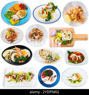 Collage von Tintenfisch- und Tintenfischgerichten Stockfoto