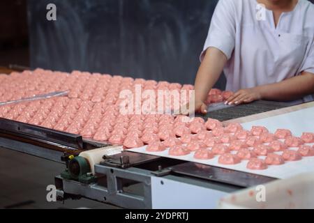 Konditorei, die Marshmallows auf dem Förderband sortiert. Stockfoto