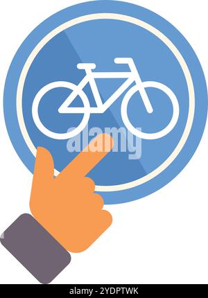 Die Hand mit ausgestrecktem Zeigefinger zeigt auf ein blaues kreisförmiges Symbol mit einem weißen Fahrradsymbol Stock Vektor