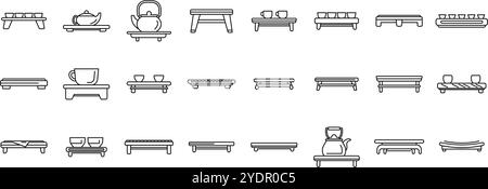Tischsymbole für Teezeremonie. Set mit Accessoires für Teezeremonien mit verschiedenen Serviertabletts, Teekannen, Tassen und wichtigen Artikeln für ein traditionelles Teeerlebnis Stock Vektor