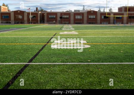 Kunstrasen Fußball 50-Yard-Linie, Blocknummer, in weiß zusammen mit schwarzer Lacrosse-Linie und gelber Fußball-Mittelfeldlinie Stockfoto