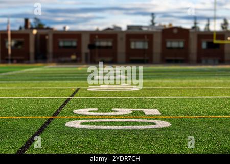 Kunstrasen Fußball 50-Yard-Linie, Blocknummer, in weiß zusammen mit schwarzer Lacrosse-Linie und gelber Fußball-Mittelfeldlinie Stockfoto