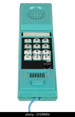 Grünes Retro-Drucktaster-Telefon isoliert auf weiß Stockfoto