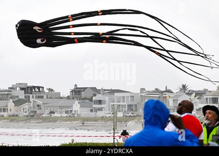 Kapstadt, Südafrika. Oktober 2024. Ein Drachen wird auf dem Cape Town International Kite Festival am 27. Oktober 2024 in Kapstadt, Südafrika, gezeigt. Die jährliche Veranstaltung fand hier am Sonntag statt und färbte den Himmel mit leuchtenden Drachen. Quelle: Xabiso Mkhabela/Xinhua/Alamy Live News Stockfoto