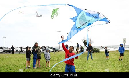 Kapstadt, Südafrika. Oktober 2024. Beim Cape Town International Kite Festival in Kapstadt, Südafrika, fliegen die Menschen am 27. Oktober 2024 Drachen. Die jährliche Veranstaltung fand hier am Sonntag statt und färbte den Himmel mit leuchtenden Drachen. Quelle: Xabiso Mkhabela/Xinhua/Alamy Live News Stockfoto