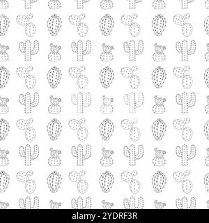 Mexikanische, flache und pralle blühende Kakteen im Doodle-Stil. Einfaches, nahtloses Muster. Vektorabbildung. Stock Vektor