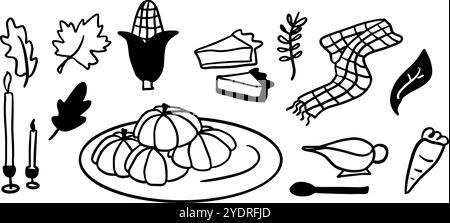 Thanksgiving Set Illustration | niedlicher minimalistischer Doodle Vektor für Urlaub und Herbst Designs, perfekt für Urlaub-Themen Projekte und Herbstdekor Stock Vektor
