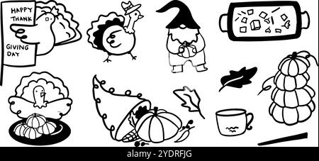 Thanksgiving Set Illustration | niedlicher minimalistischer Doodle Vektor für Urlaub und Herbst Designs, perfekt für Urlaub-Themen Projekte und Herbstdekor Stock Vektor