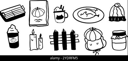 Thanksgiving Set Illustration | niedlicher minimalistischer Doodle Vektor für Urlaub und Herbst Designs, perfekt für Urlaub-Themen Projekte und Herbstdekor Stock Vektor