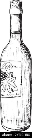Eine aufwendige und detaillierte Illustration einer Weinflasche mit einem wunderschön gestalteten Traubenmotiv auf dem Etikett. Handgezeichnete Vektor-Schwarzweiß-Grafiken in Strichgrafik für gedruckte Materialien, Innenräume und vieles mehr. Stock Vektor