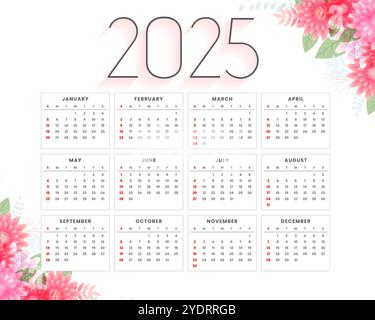 2025 englische Kalenderschablone mit Blumendekoration Vektor Stock Vektor