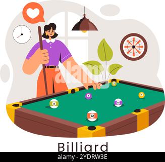 Billard-Spiel-Vektor-Illustration mit einem Spieler in einem Billardzimmer, der einen Cue-Stick hält, mit einem Billardtisch und Bälle in einem Sportclub Stock Vektor