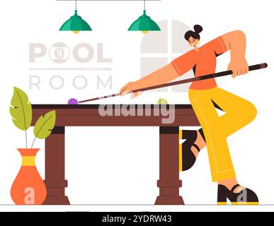 Billard-Spiel-Vektor-Illustration mit einem Spieler in einem Billardzimmer, der einen Cue-Stick hält, mit einem Billardtisch und Bälle in einem Sportclub Stock Vektor