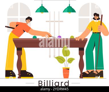 Billard-Spiel-Vektor-Illustration mit einem Spieler in einem Billardzimmer, der einen Cue-Stick hält, mit einem Billardtisch und Bälle in einem Sportclub Stock Vektor