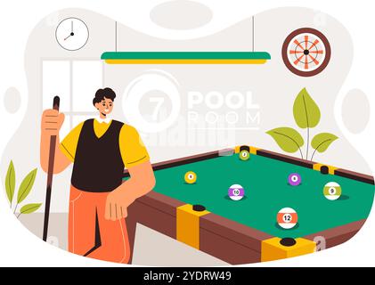 Billard-Spiel-Vektor-Illustration mit einem Spieler in einem Billardzimmer, der einen Cue-Stick hält, mit einem Billardtisch und Bälle in einem Sportclub Stock Vektor