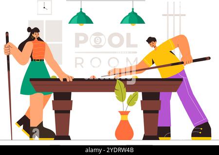 Billard-Spiel-Vektor-Illustration mit einem Spieler in einem Billardzimmer, der einen Cue-Stick hält, mit einem Billardtisch und Bälle in einem Sportclub Stock Vektor