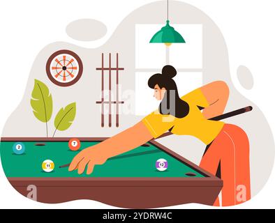 Billard-Spiel-Vektor-Illustration mit einem Spieler in einem Billardzimmer, der einen Cue-Stick hält, mit einem Billardtisch und Bälle in einem Sportclub Stock Vektor