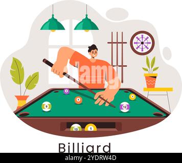 Billard-Spiel-Vektor-Illustration mit einem Spieler in einem Billardzimmer, der einen Cue-Stick hält, mit einem Billardtisch und Bälle in einem Sportclub Stock Vektor