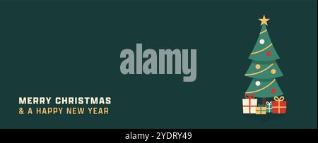 Frohe Weihnachtsbanner mit Baum und Geschenken. Weihnachtsgrußkarten-Design für Weihnachten und ein frohes neues Jahr. Grüner horizontaler Vektorhintergrund Stock Vektor
