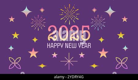 Happy New Year 2025 mit bunten Sternen und Feuerwerk - trendiges und festliches Webbanner, Hintergrund, Grußkarte Design Stock Vektor