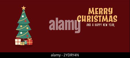Frohe Weihnachtsbanner mit Baum und Geschenken. Weihnachtsgrußkarten-Design für Weihnachten und ein frohes neues Jahr. Roter horizontaler Vektorhintergrund Stock Vektor