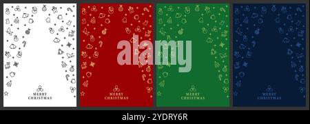 Weihnachtsbanner Kartendesign mit Symbolen, die eine Dreiecksbaumform bilden. Hintergrund für digitales Vektor-Poster in weiß, Rot, Grün und Blau. Stock Vektor