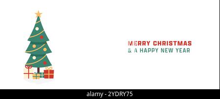 Frohe Weihnachtsbanner mit Baum und Geschenken. Weihnachtsgrußkarten-Design für Weihnachten und ein frohes neues Jahr. Weißer horizontaler Vektorhintergrund Stock Vektor