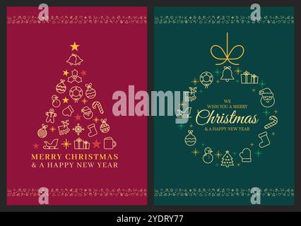 „Frohe Weihnachten und ein Happy New Year“-Kartendesign. Poster, Grußkarte, Webbanner oder Hintergrund mit Weihnachtskugel und Weihnachtsbaum Stock Vektor