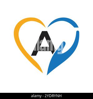 Letter A Charity Logo Design Konzept mit Hand- und Herzsymbol Vektorschild Stock Vektor