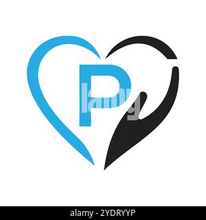 Letter P Charity Logo Design Konzept mit Hand- und Herzsymbol Vektorschild Stock Vektor