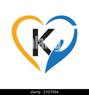 Letter K Charity Logo Design Konzept mit Hand- und Herzsymbol Vektorschild Stock Vektor