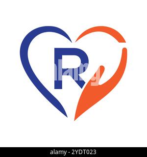 Letter R Charity Logo Design Konzept mit Hand- und Herzsymbol Vektorschild Stock Vektor