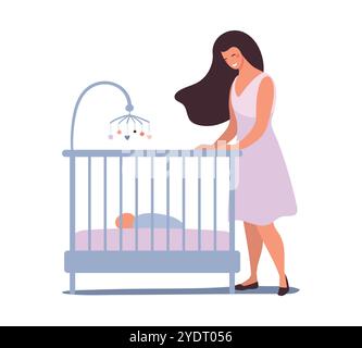 Mutter steht am Bett mit ihrem neugeborenen Baby, Mutterschaft und Elternschaft Konzept. Flache Zeichentrickabbildung Stock Vektor