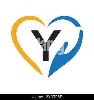 Letter Y Charity Logo Design Konzept mit Hand- und Herzsymbol Vektorschild Stock Vektor