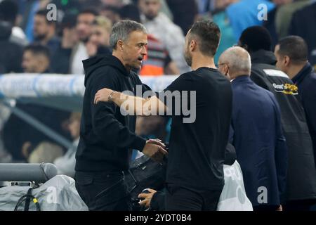 Marseille, Frankreich. Oktober 2024. PSG-Trainer Luis Enrique begrüßt den Trainer der Olympique de Marseille Roberto de Zerbi nach dem Spiel der französischen Meisterschaft Ligue 1 zwischen Olympique de Marseille (OM) und Paris Saint-Germain (PSG) am 27. Oktober 2024 im Stade Velodrome in Marseille, Frankreich - Foto Jean Catuffe/DPPI Credit: DPPI Media/Alamy Live News Stockfoto