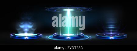 Futuristisches Hightech-Portal mit blauem Neonlicht-Glimmeffekt für das Design der spieloberflächen. Realistischer 3D-Vektor-Illustrationssatz der Cyberpunk-Teleportplattform mit Hologrammstrahlen. Rundes Technologiepodium. Stock Vektor