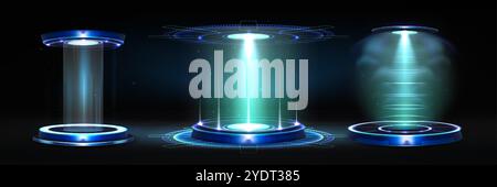 Futuristisches Hightech-Portal mit blauem Neonlicht-Glimmeffekt für das Design der spieloberflächen. Realistischer 3D-Vektor-Illustrationssatz der Cyberpunk-Teleportplattform mit Hologrammstrahlen. Rundes Technologiepodium. Stock Vektor