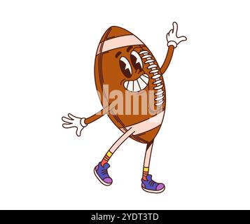 Grooviger American Football-Ball-Charakter in Retro-Cartoon, Vektor-Comic-Emoji. Grooviger American Football-Ball mit funky Gesicht und albernem Lächeln für psychedelische Retro-Cartoon-Sportfigur Stock Vektor