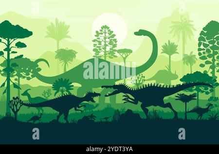 Prähistorische Dinosaurier-Silhouetten im tropischen Regenwald. Vektor majestätische Sonnenuntergangsszene von Dino-Reptilienarten, die im Hintergrund der Dschungel-Landschaft mit verblasstem Himmel, Sonne und hohen Bäumen umherstreiften Stock Vektor