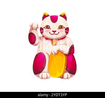 Japanische Maneki Neko Katze, bekannt als die verlockende Katze, symbolisiert Glück und Wohlstand. Isolierte Vektor-Kätzchen-Statue mit traditioneller erhobener Pfote und Goldmünze, Symbol der japanischen Kultur Stock Vektor