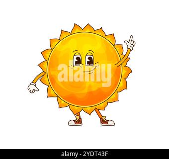 Cartoon Sun Solar System grooviger Planet Charakter mit fröhlichem Ausdruck und verspielter Pose. Isolierter Vektor niedliche und skurrile Weltraumfigur, die Retro-Vibes, Spaß und Freude für astronomisches Lernen verströmt Stock Vektor