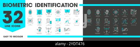 Symbole für biometrische Identifizierungs-, Erkennungs- und Verifikationslinien. Vektorumrisse Gesichts- und Fingerabdruckscan, Identitäts-ID, Sprachzugriff und digitale Signatur, DNA-, Augen-, Hand- und Ohrerkennungszeichen Stock Vektor