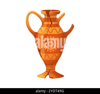 Alte antike kaputte Vase oder Topf und keramische Museumskanne, Vektor-Zeichentrickglas. Antike griechische oder römische Vase mit Rissen und gebrochenem Griff, archäologische Keramikkkrug oder Kanne mit antikem Ornament Stock Vektor