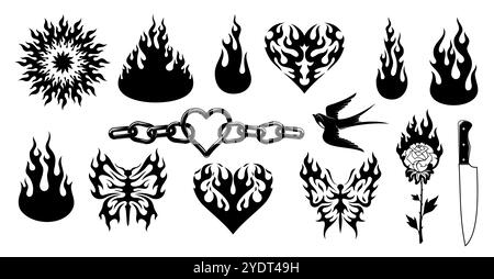 Tribal y2k Tattoo Set mit Feuer, Herzen, Ketten, Schmetterlingen, Rose, Messer und Vogel. Silhouetten im Vektor-Design in schwarzen Flammen, Retro-Symbole für Leidenschaft, Gefahr und Rebellion mit auffälligen feurigen Formen Stock Vektor