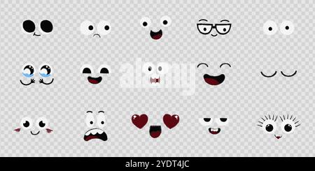 Gesichts-Emotionen, Comic-Ausdrücke, niedliche verrückte Augen-Sammlung isoliert. Lachen Sie mit lustigen Comic-Designelementen. Emotionales Comic-Gesicht mit Augen, Mund, Zunge und Zähnen. Vektorabbildung Stock Vektor